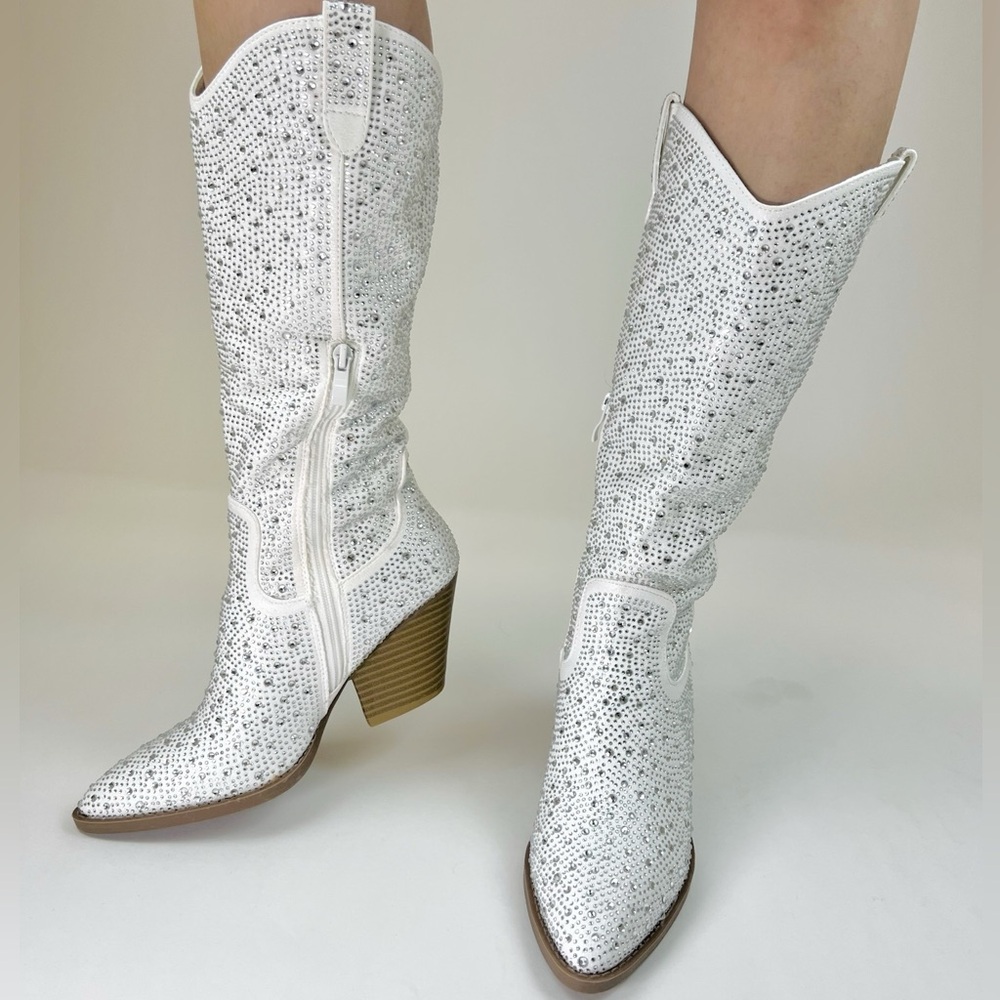 Country Glow White Rhinestone Glitter Disco Cowgirl Western Knee Boots